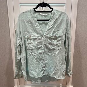 Zara Green Long Sleeve Button Down Shirt with Mandarin Collar